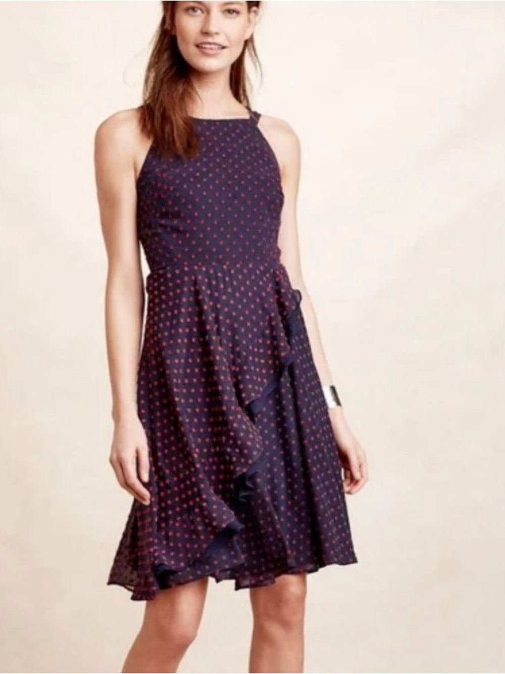 Eva Franco Anthropologie Maryann Navy Red Clip Dot Sleeveless Dress 8 Ruffle